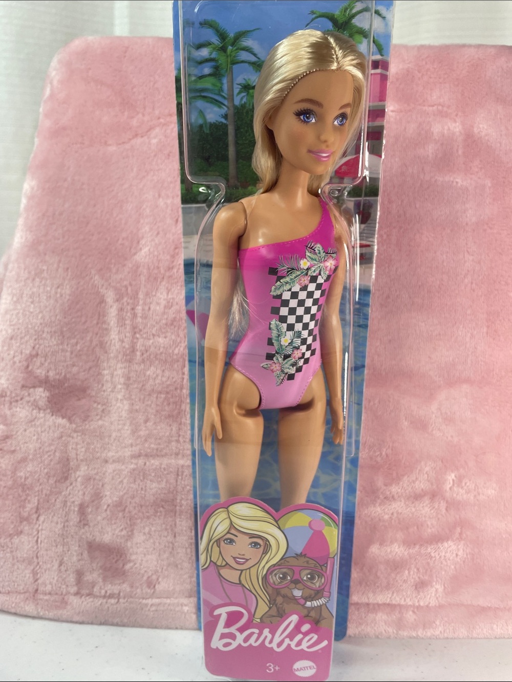 Barbie Pink One-Shoulder Checkerboard Floral Swimsuit Doll